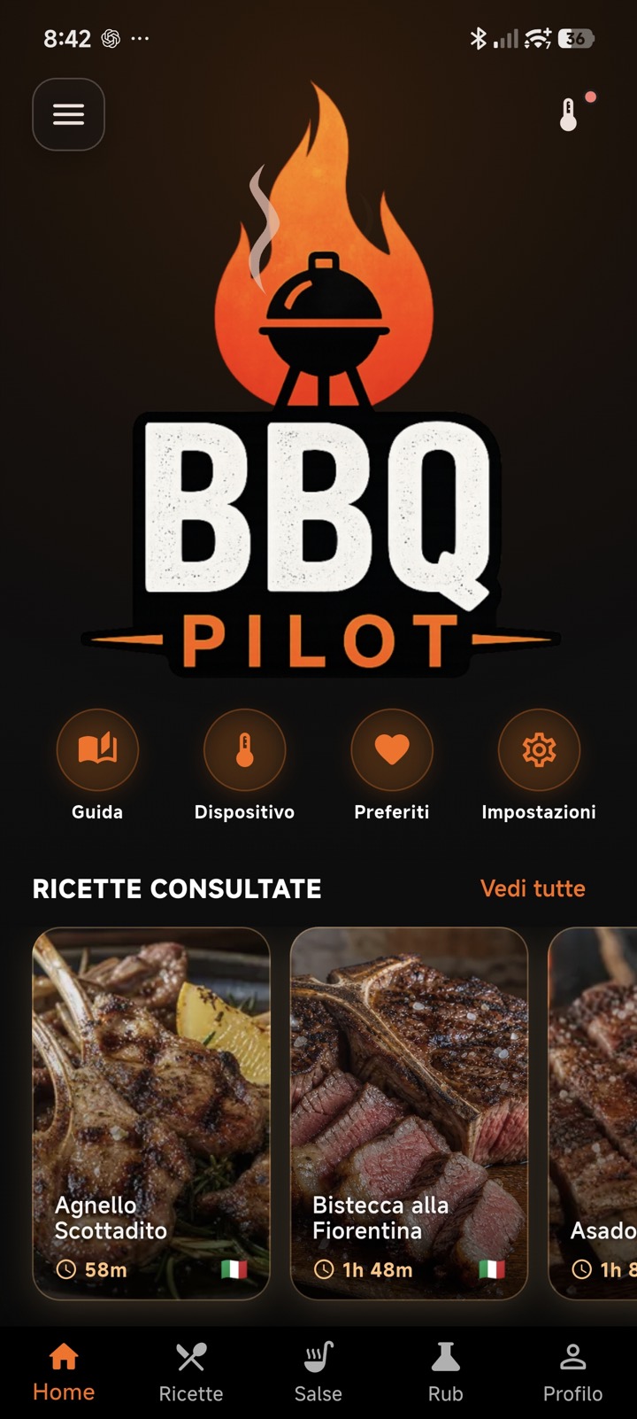 Anteprima dell app BBQ Pilot con home, ricette e cottura guidata 5