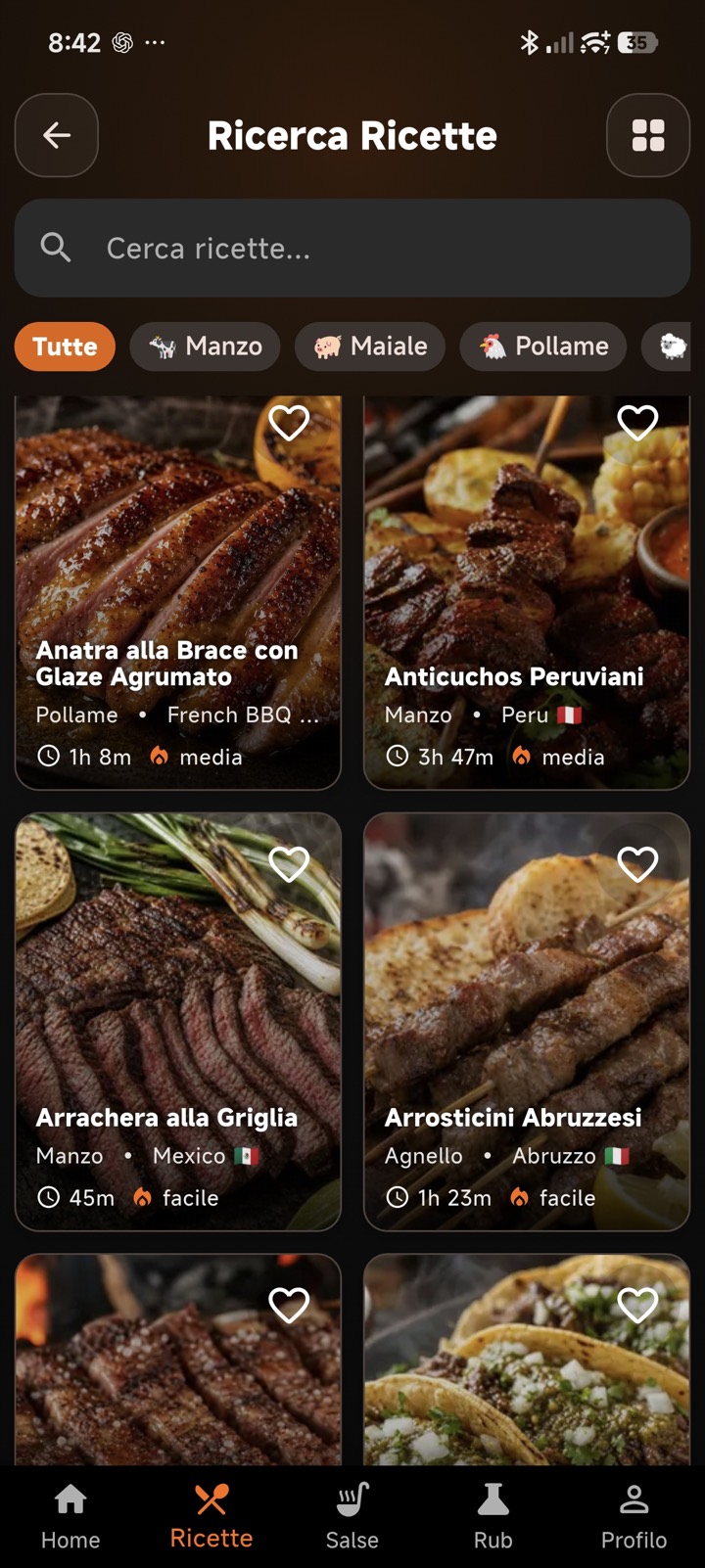 Anteprima dell app BBQ Pilot con home, ricette e cottura guidata 8