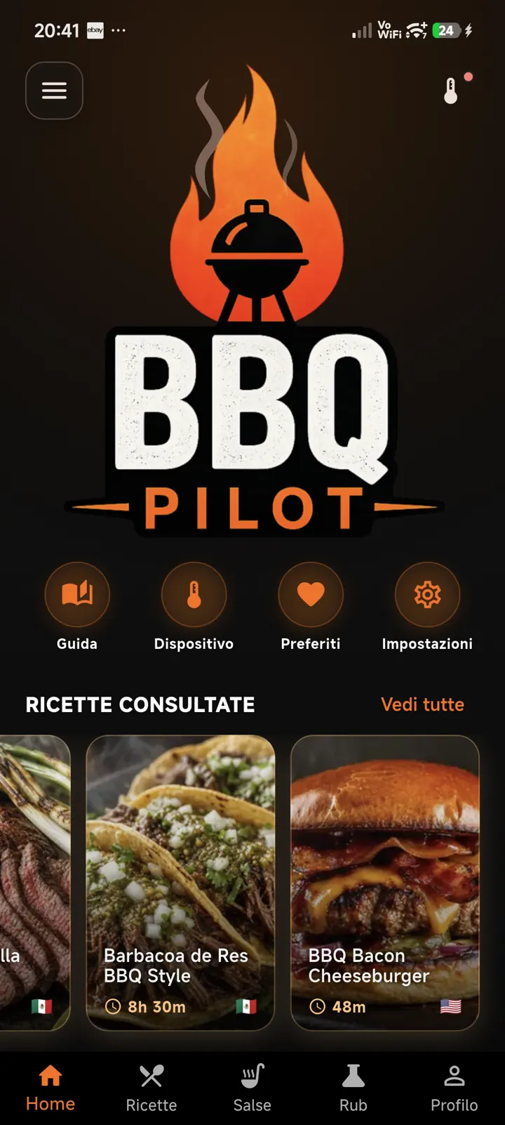 Anteprima dell app BBQ Pilot con home, ricette e cottura guidata